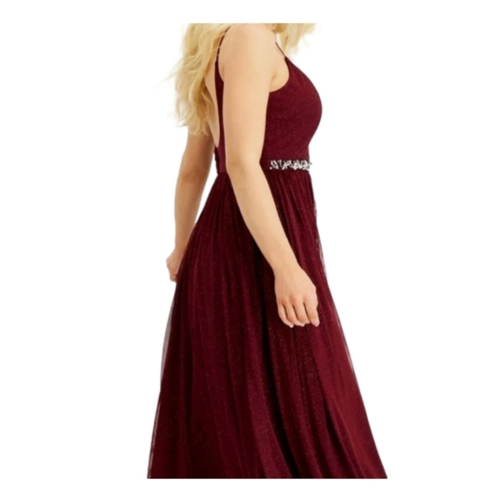SPEECHLESS Burgundy Glitter Sheer Evening Gown Size 9 Beaded Flowing Faux pearl - Picture 5 of 17